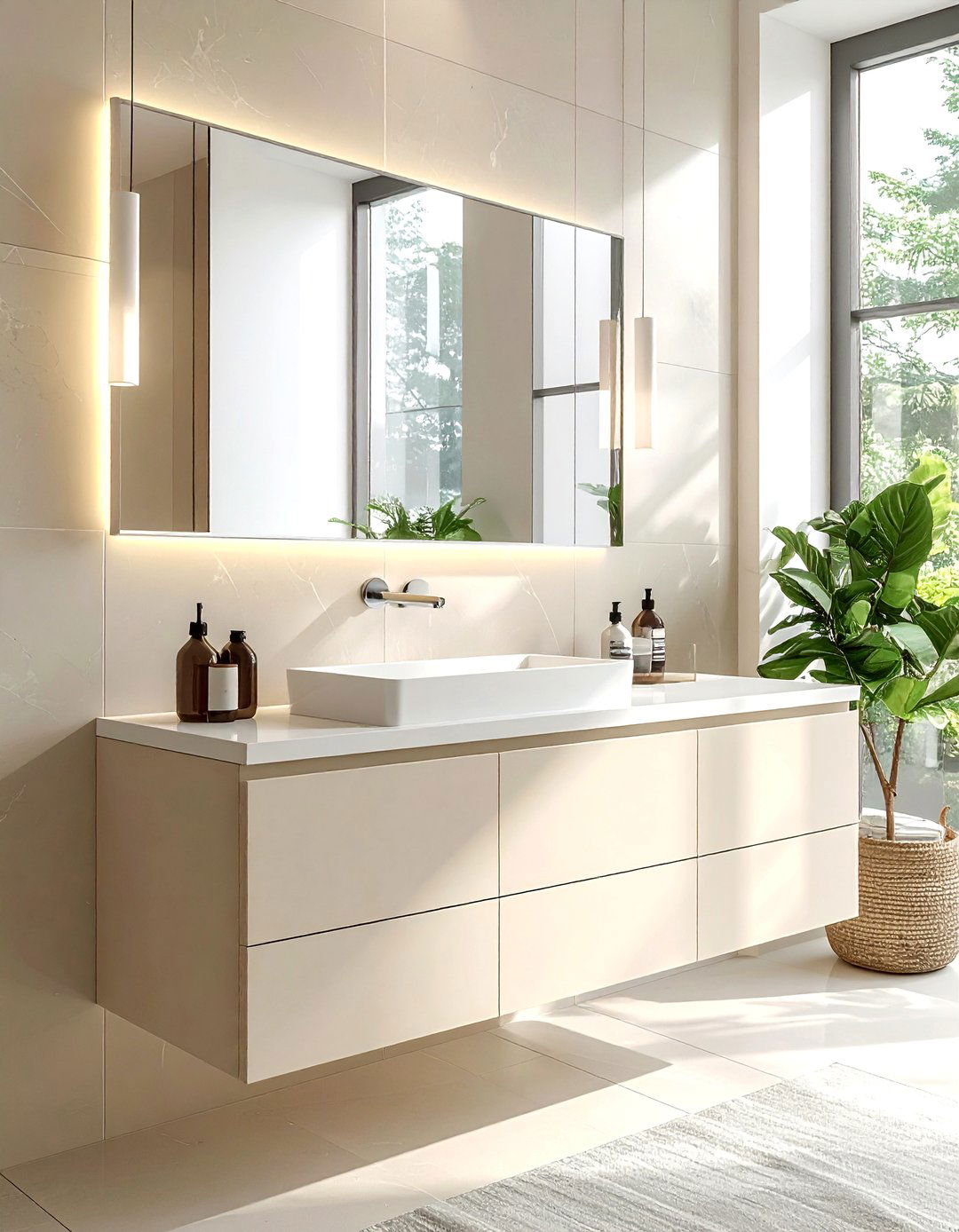 Cream Floating Vanity - 30 cream and white bathroom ideas