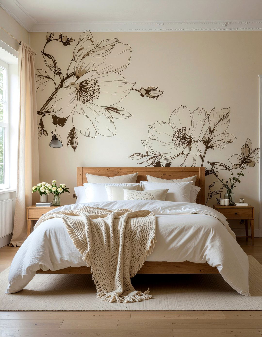 Cream Floral Outline Wallpaper - 30 bedroom minimalist wallpapers