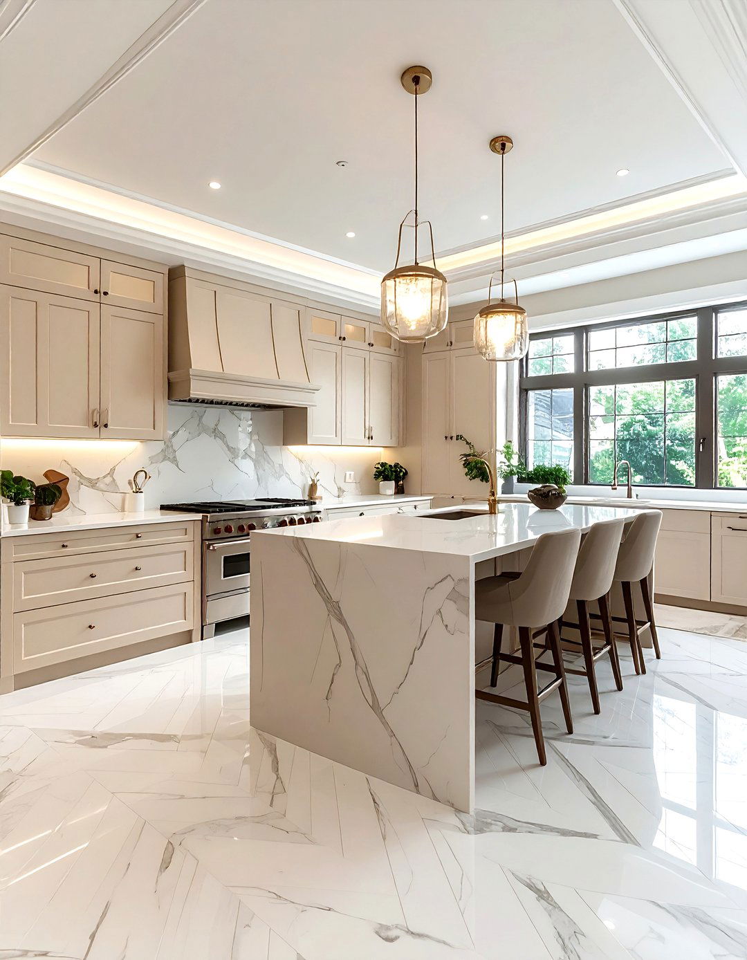 Cream Kitchen White Marble Herringbone Floors - 30 cream and white kitchen ideas