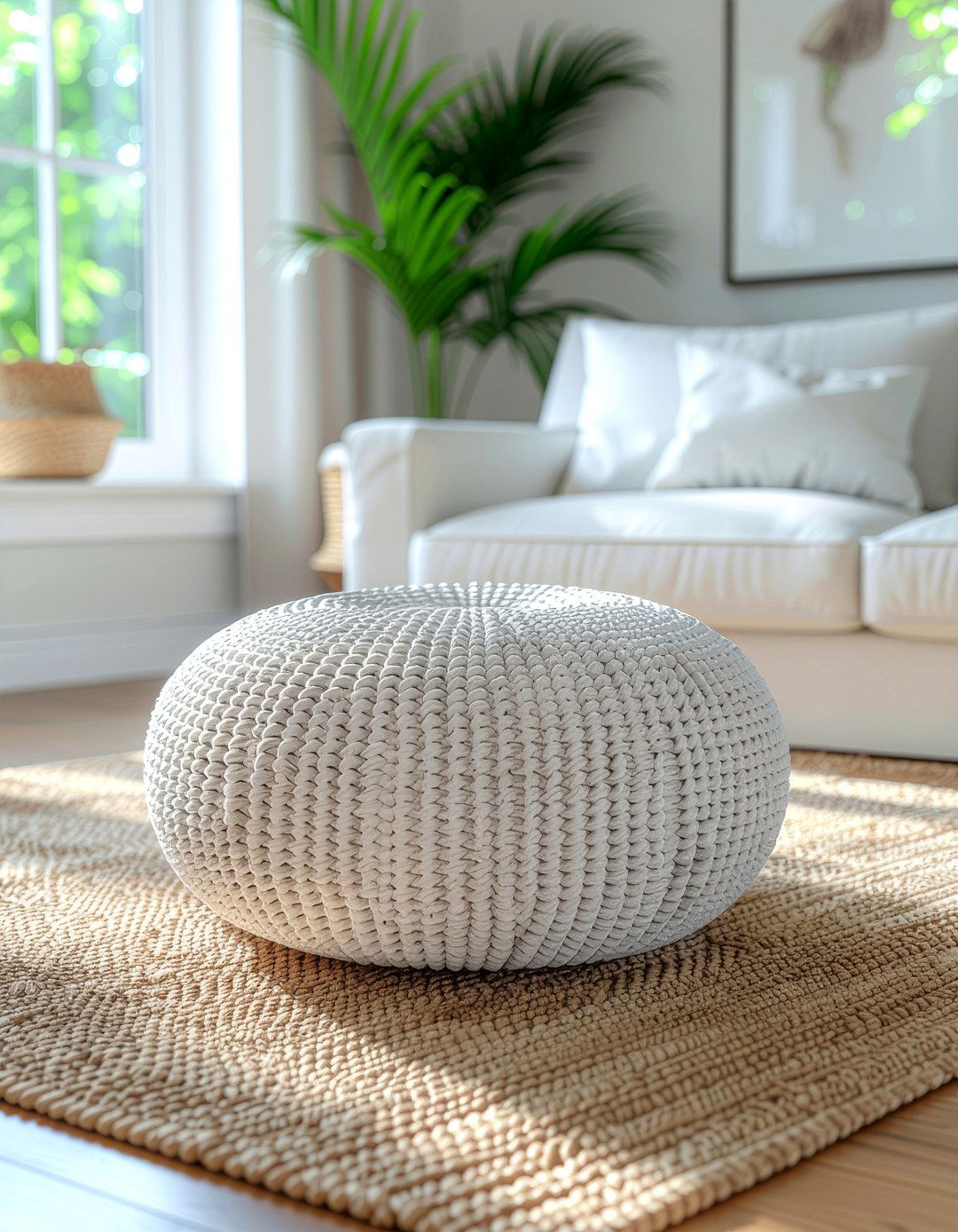 Cream Linen Pouf - 30 linen living room ideas