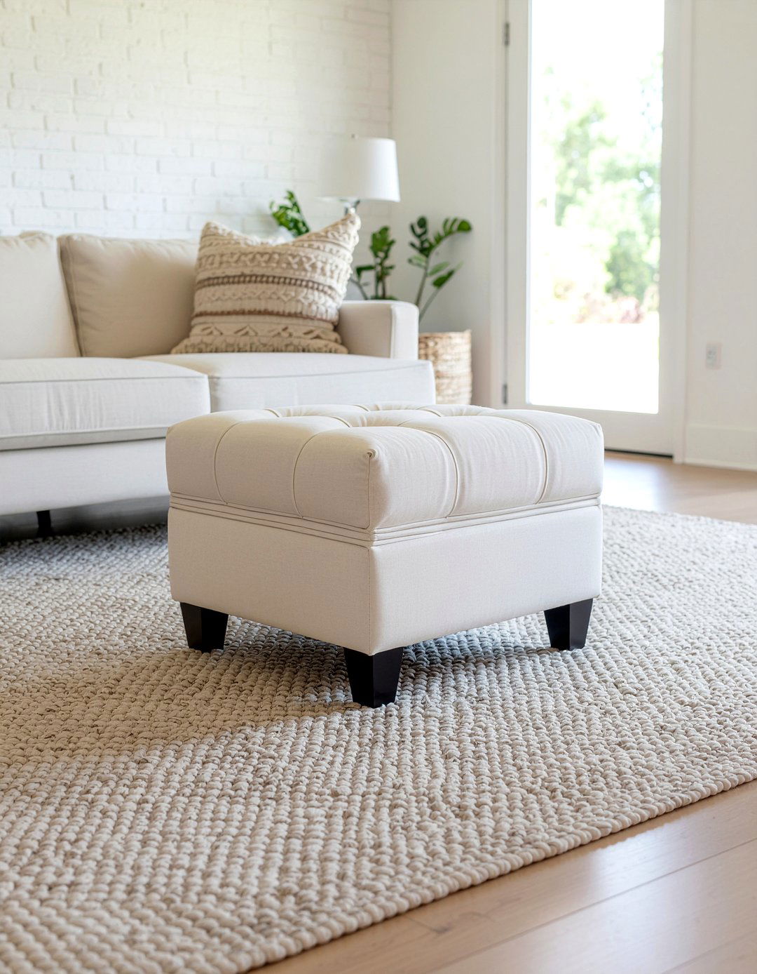 Cream Neutral Tufted Ottoman - 30 living room tufted ottoman ideas