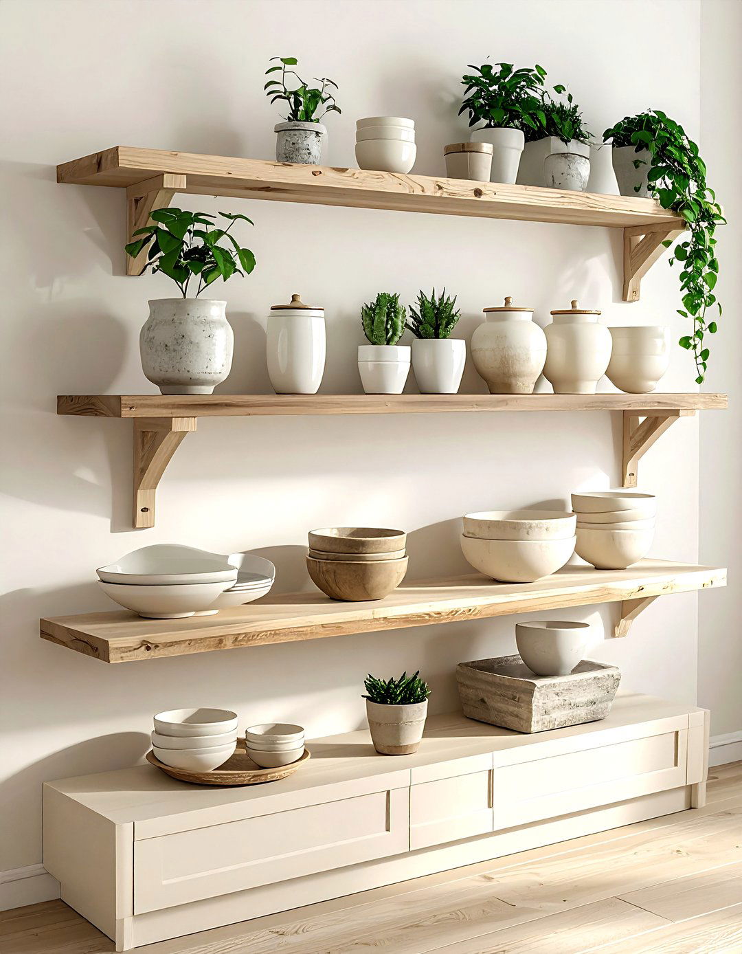 Cream Open Shelves - 30 cream kitchen furniture ideas