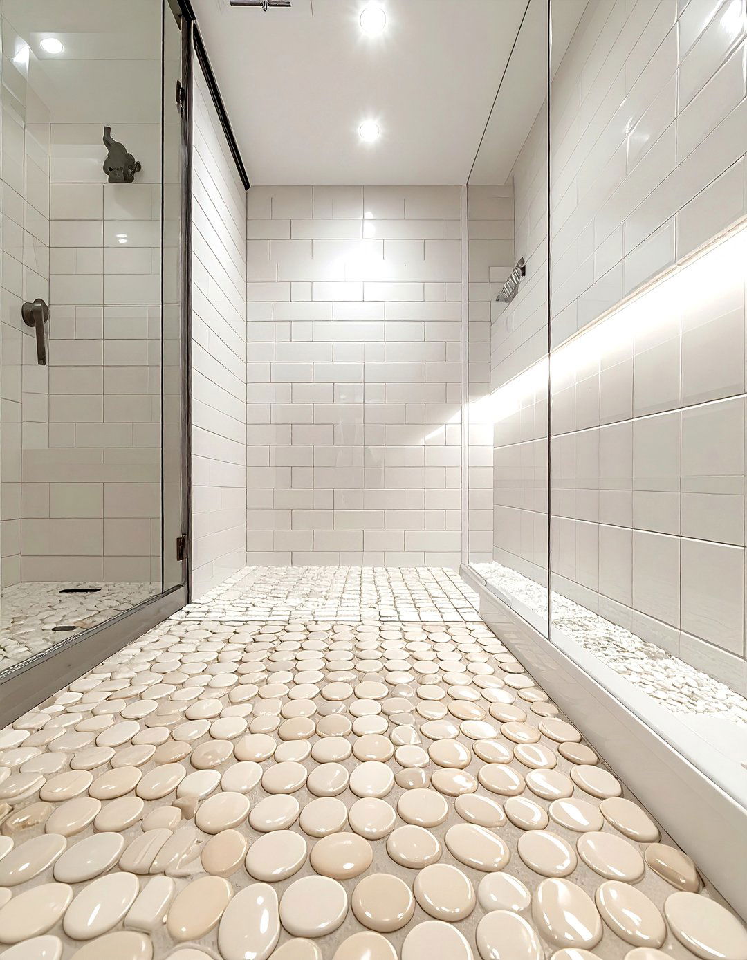 Cream Penny Tile - 30 cream and white bathroom ideas