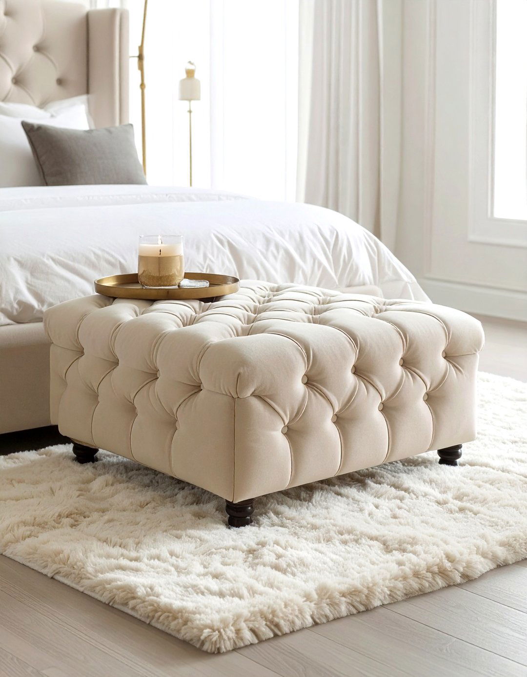 Cream Tufted Ottoman - 30 cream bedroom furniture ideas