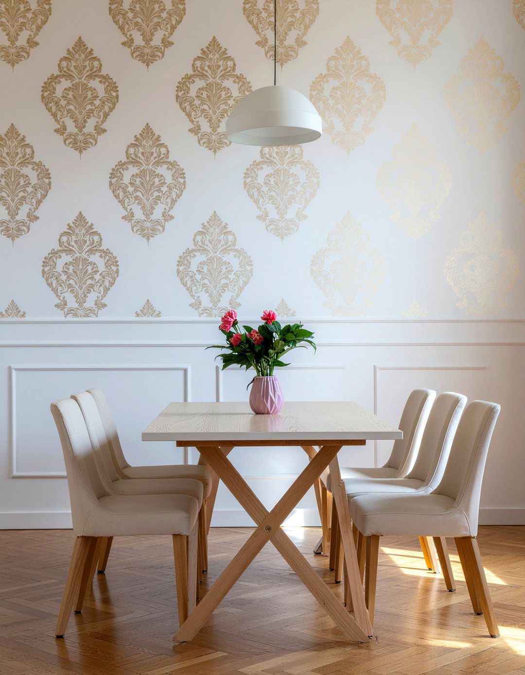 Cream and gold damask wallpaper - 30 damask wallpaper dining room ideas