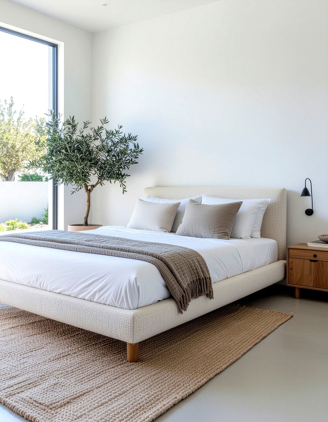 Cream boucle platform bed - 30 upholstered bed ideas