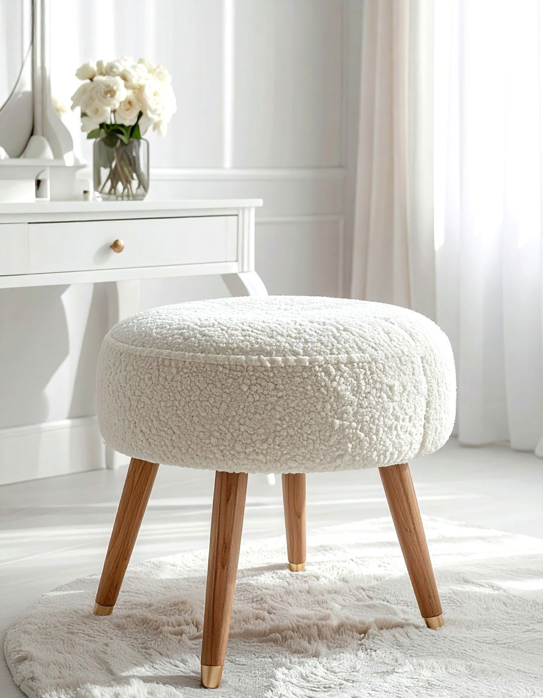 Cream boucle vanity stool - 30 beige bedroom furniture ideas