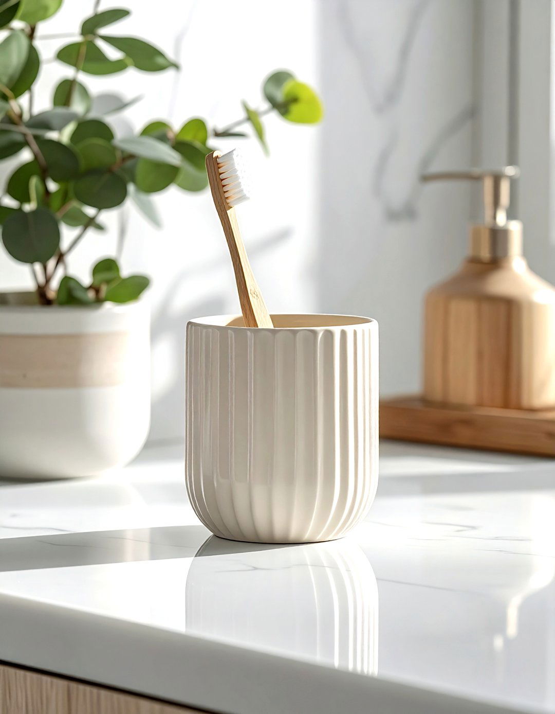 Cream ceramic toothbrush holder - 30 cream bathroom accessories ideas