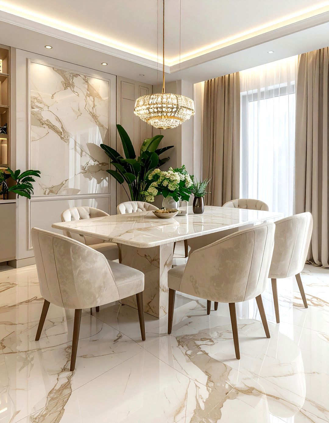 Cream dining room with marble table - 30 cream dining room ideas
