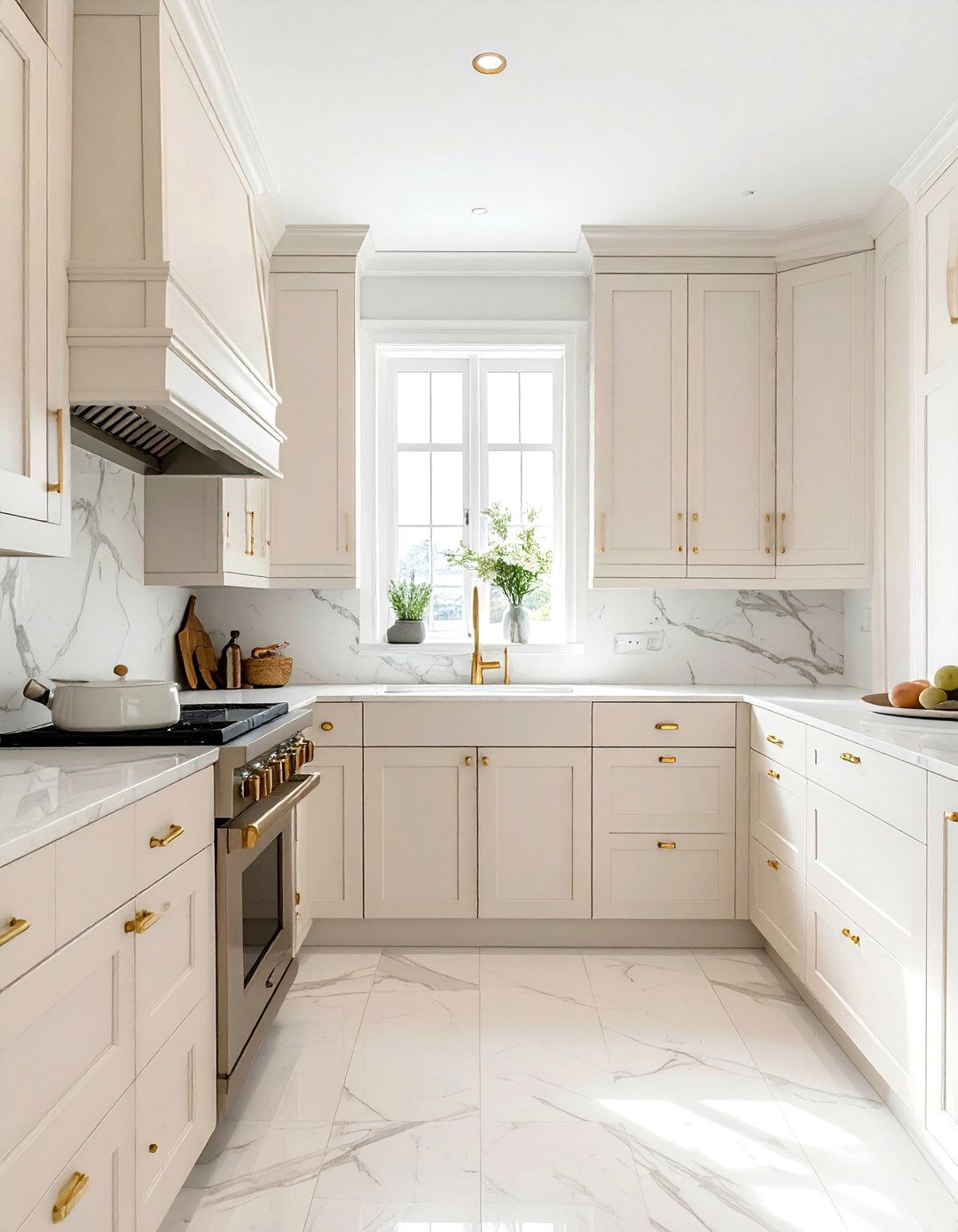 Cream kitchen cabinets with brass hardware - 30 warm white kitchen ideas