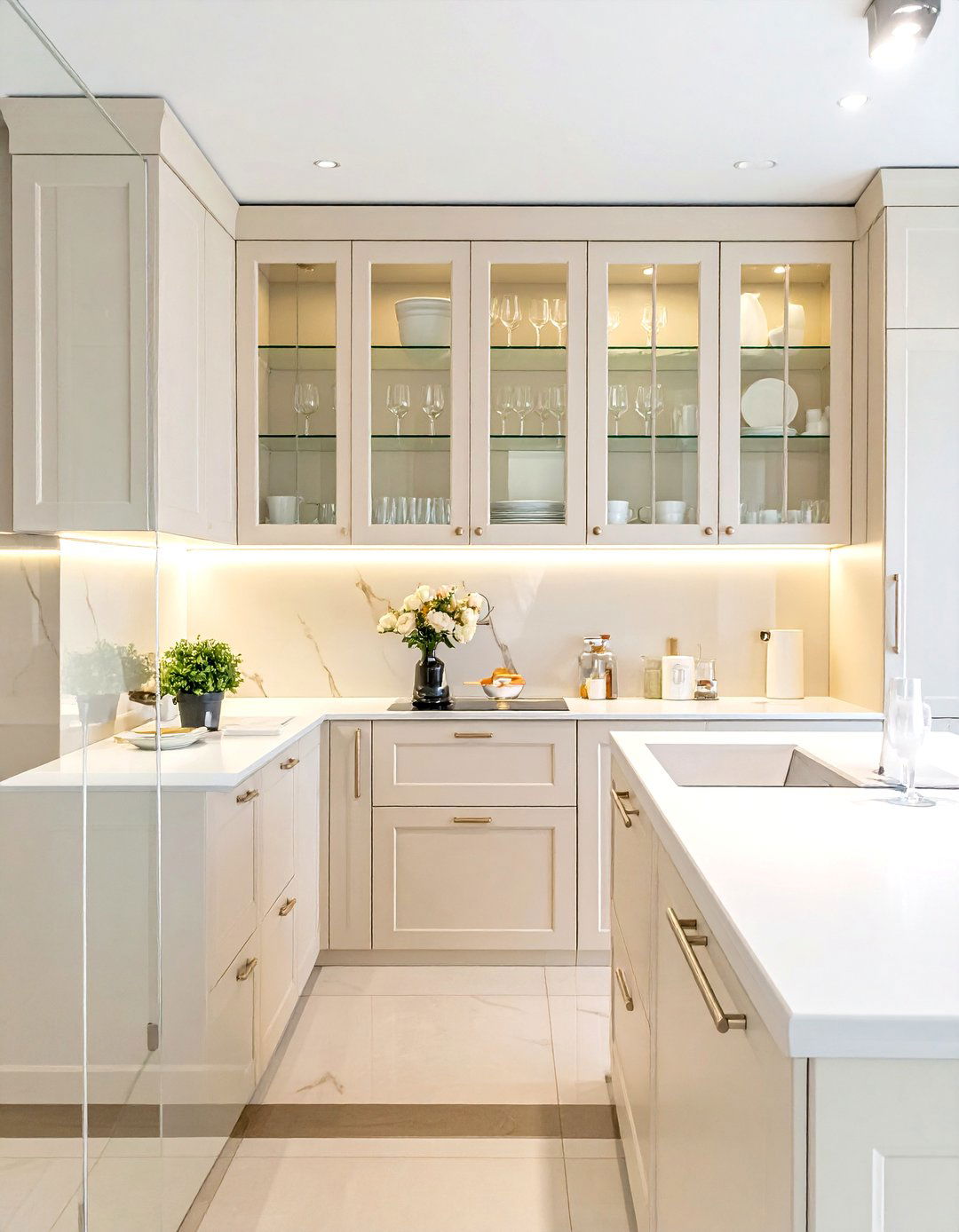 Cream kitchen with glass cabinet doors - 30 warm white kitchen ideas