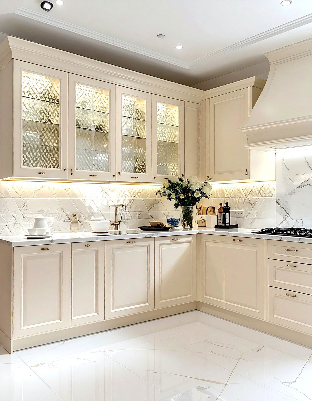 Cream kitchen with glass cabinets - 30 cream kitchen design ideas