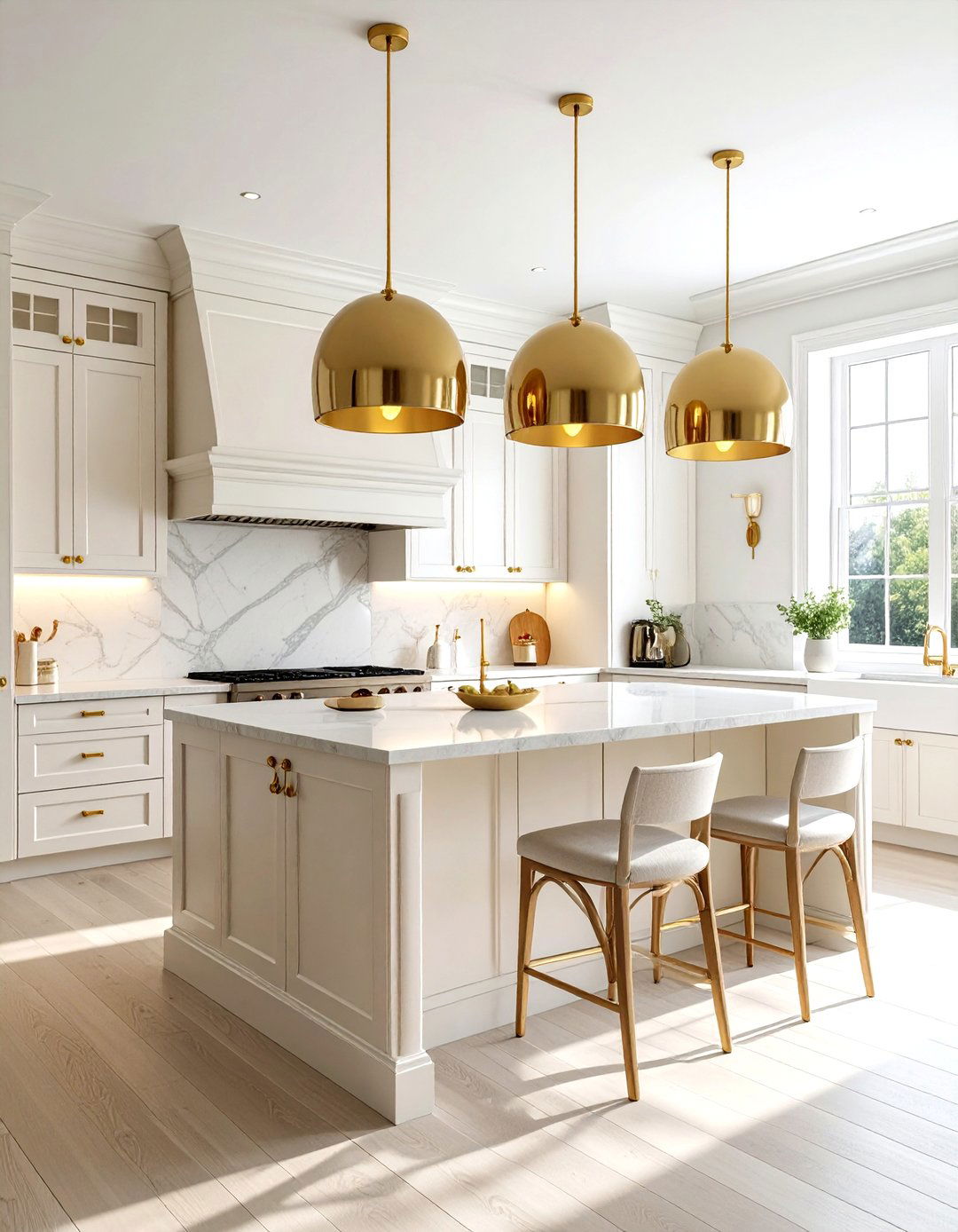 Cream kitchen with gold lighting - 30 warm white kitchen ideas