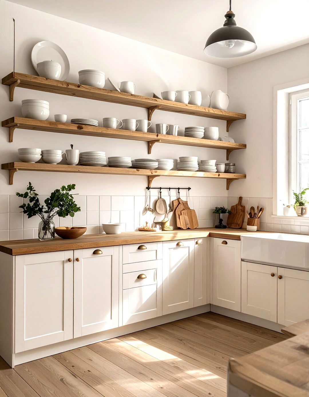 Cream kitchen with open shelving - 30 warm white kitchen ideas