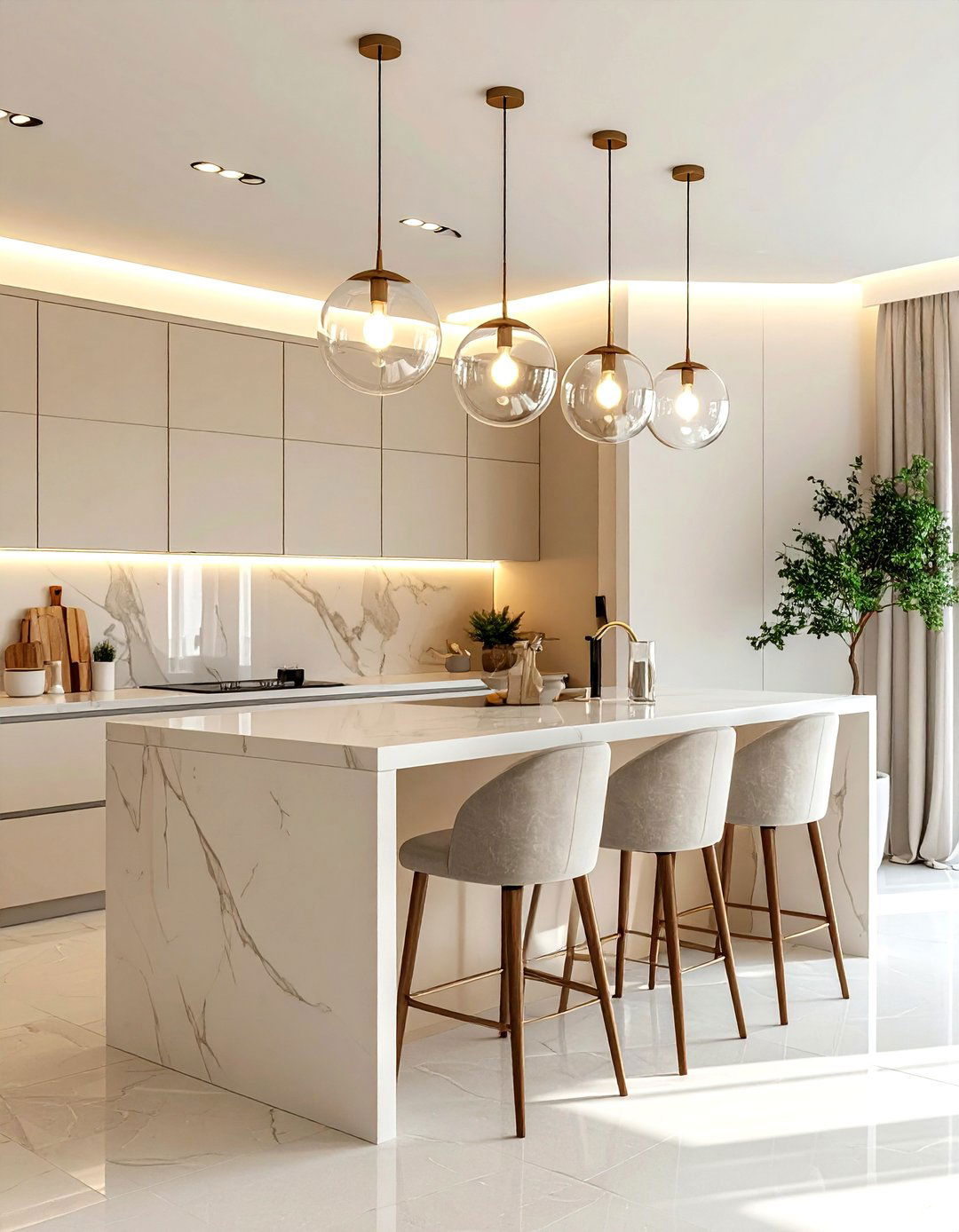 Cream kitchen with pendant lights - 30 warm white kitchen ideas