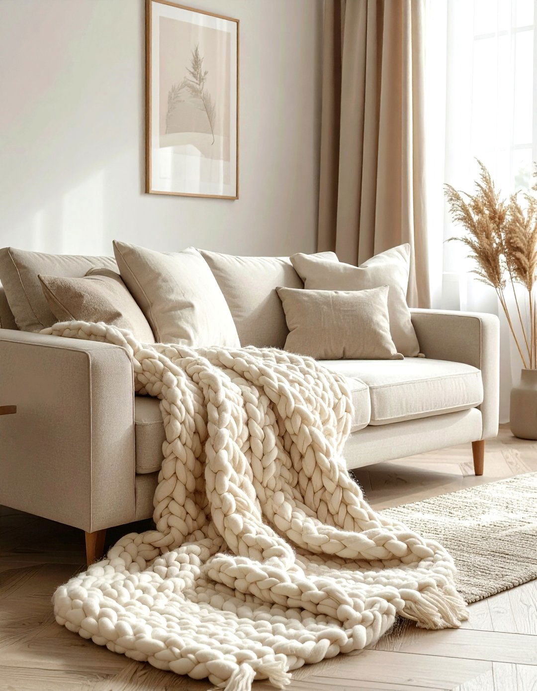 Cream knit throw blanket - 30 beige living room accessories ideas