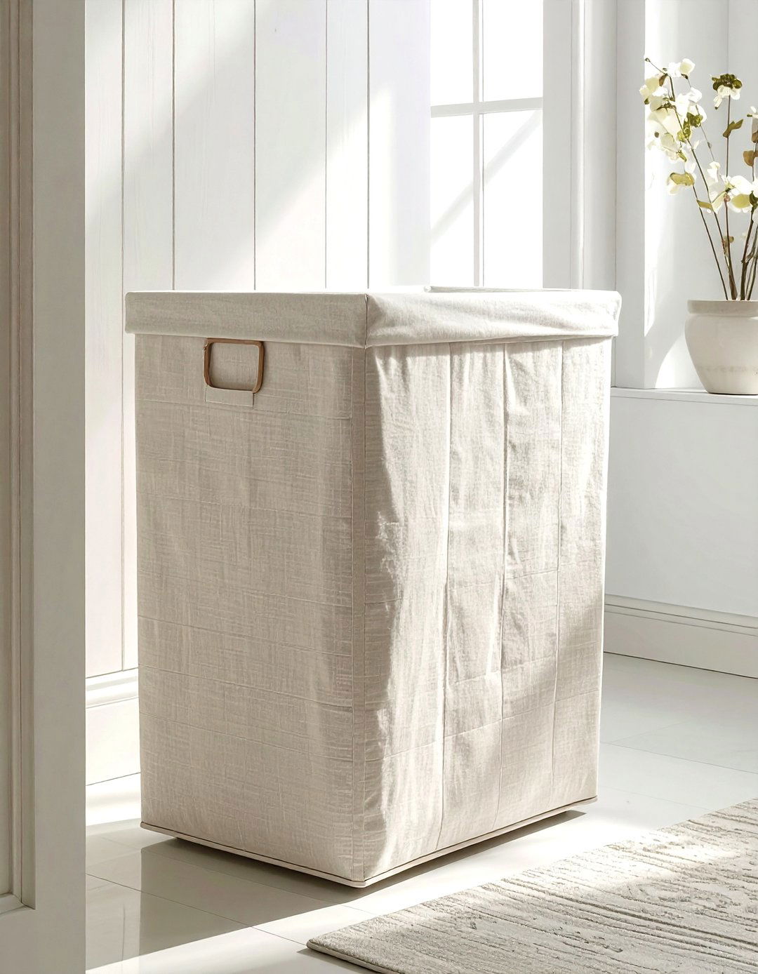 Cream linen hamper - 30 cream bathroom accessories ideas