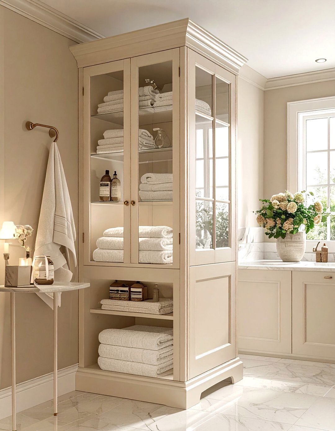 Cream linen tower - 30 beige bathroom furniture ideas