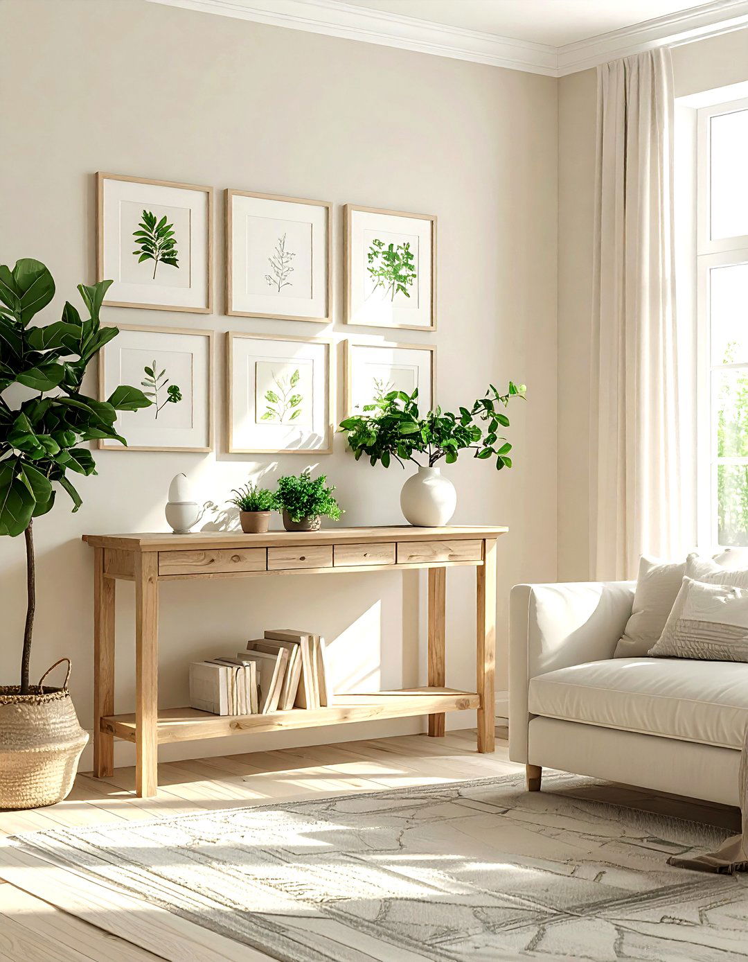 Cream living room botanical wall art - 30 farmhouse cream living room ideas