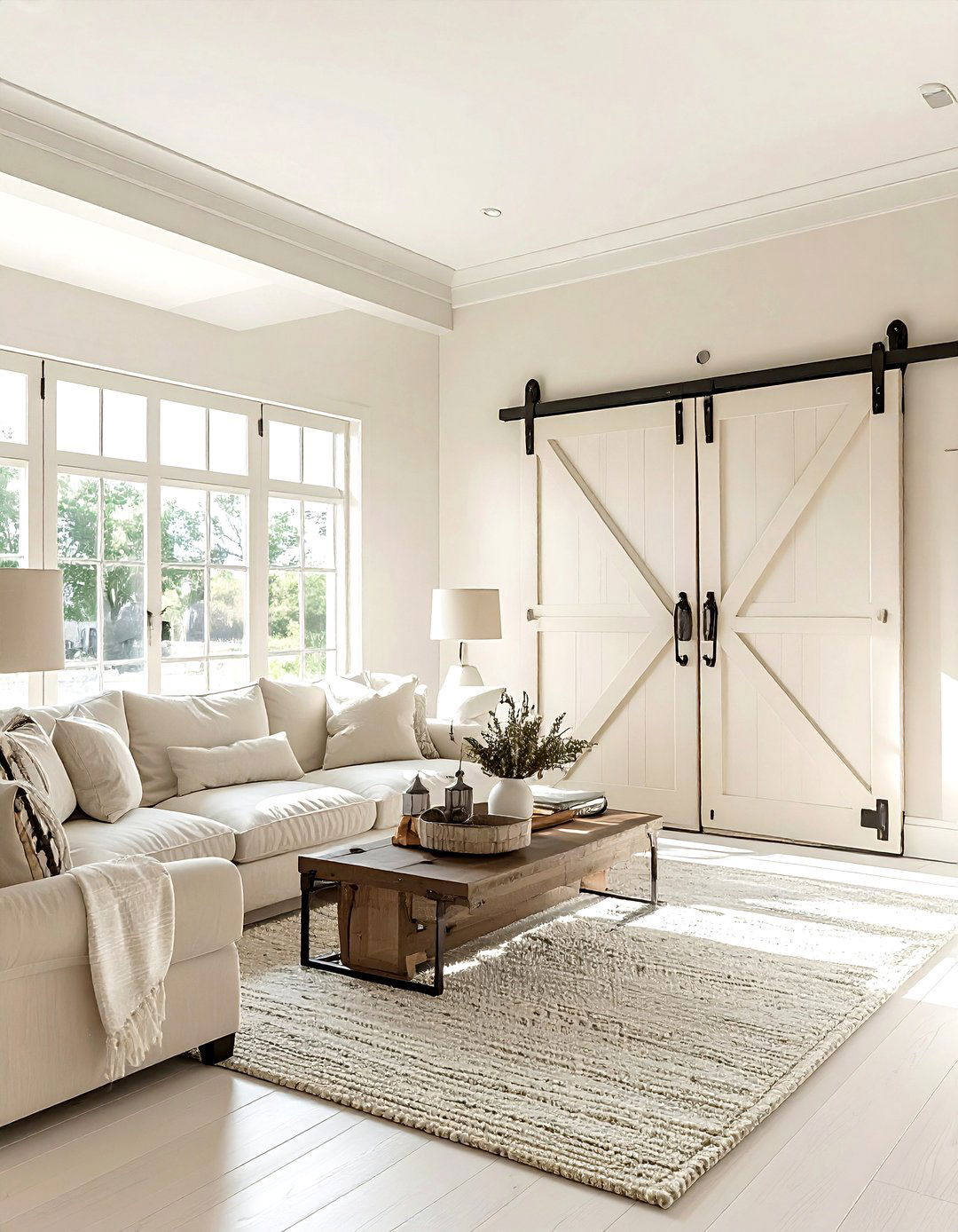 Cream living room sliding barn door - 30 farmhouse cream living room ideas