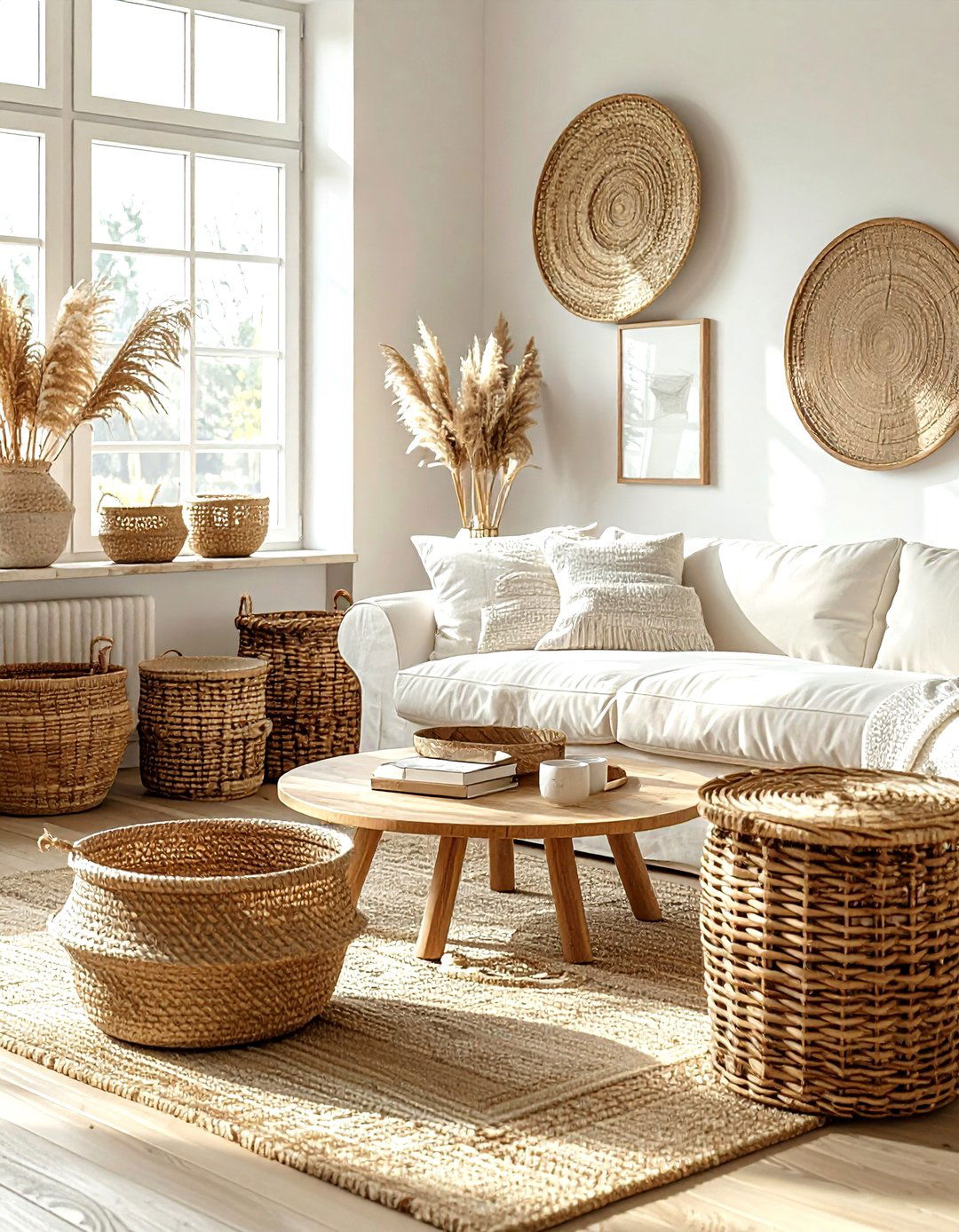 Cream living room wicker baskets - 30 farmhouse cream living room ideas