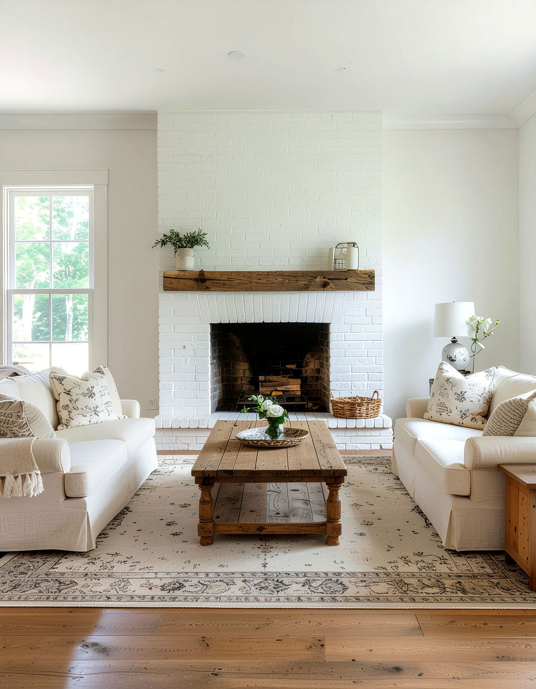 Cream living room with brick fireplace - 30 cream living room ideas