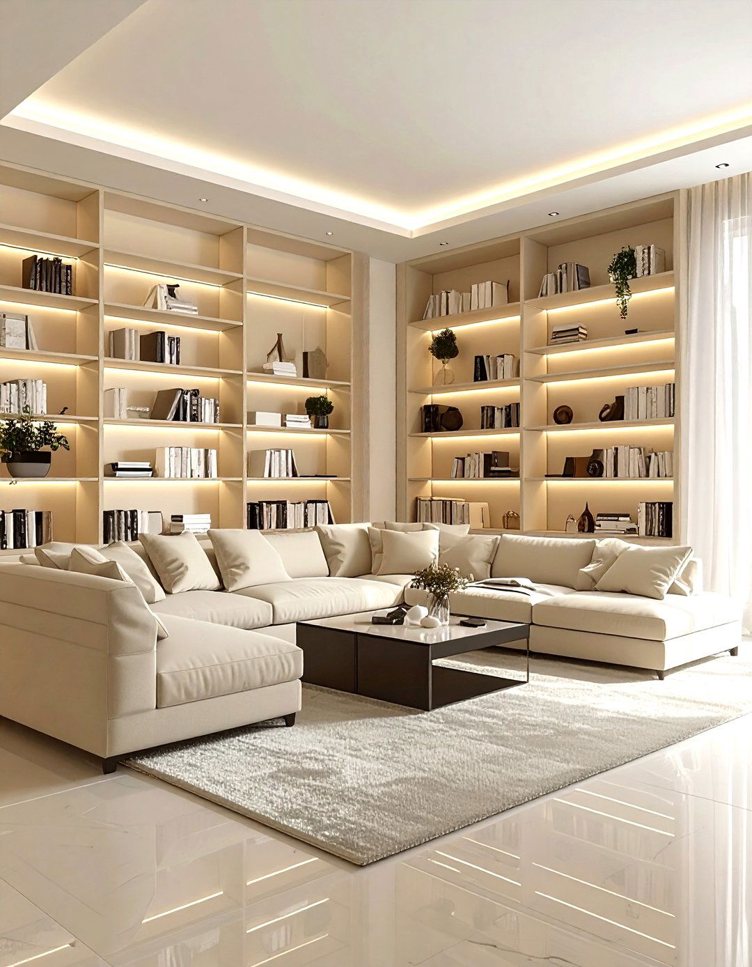 Cream living room with built in shelves - 30 modern cream living room ideas
