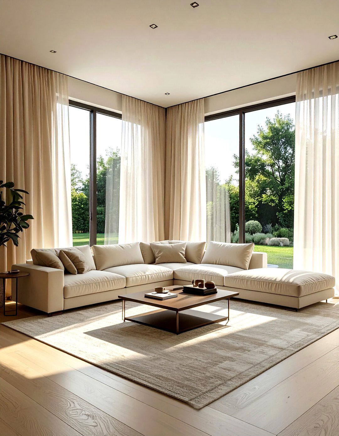 Cream living room with floor to ceiling windows - 30 warm cream living room ideas
