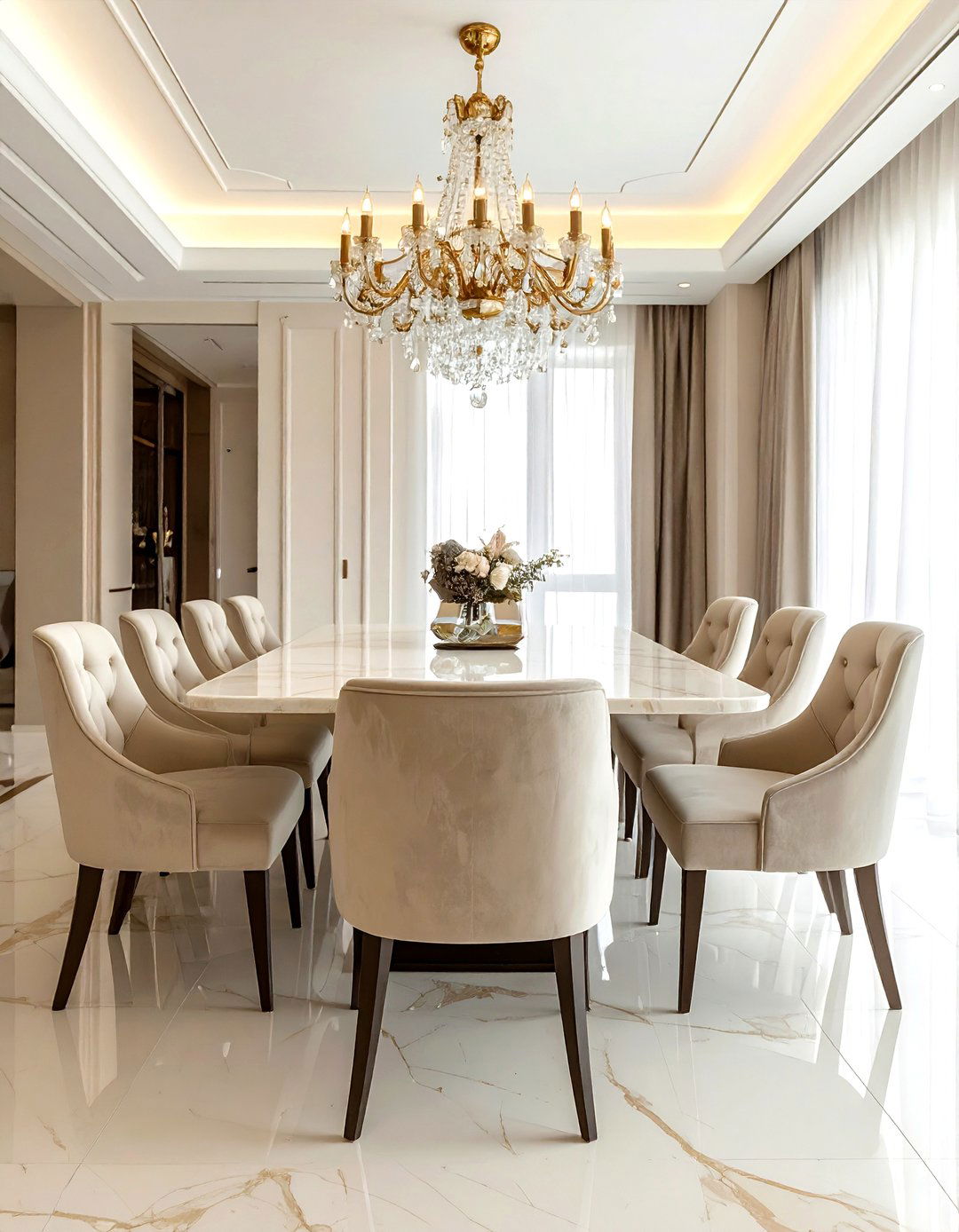 Cream marble dining table - 30 cream dining room furniture ideas