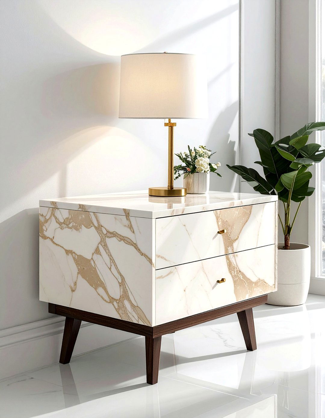 Cream marble top nightstand - 30 beige bedroom furniture ideas