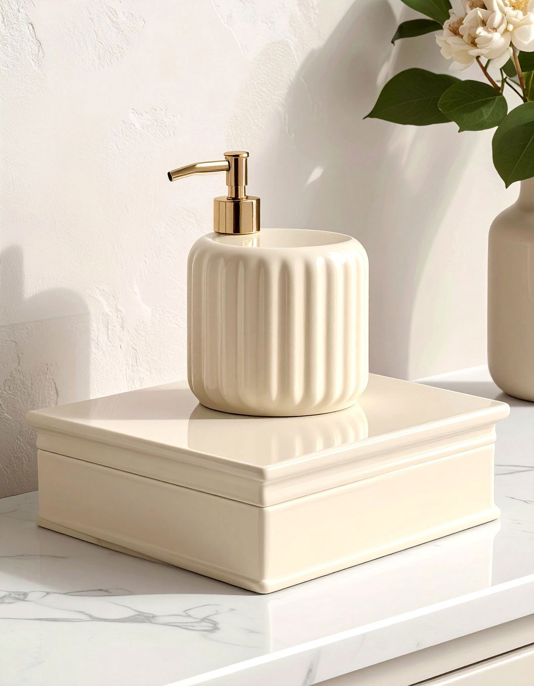 Cream pedestal soap stand - 30 cream bathroom accessories ideas