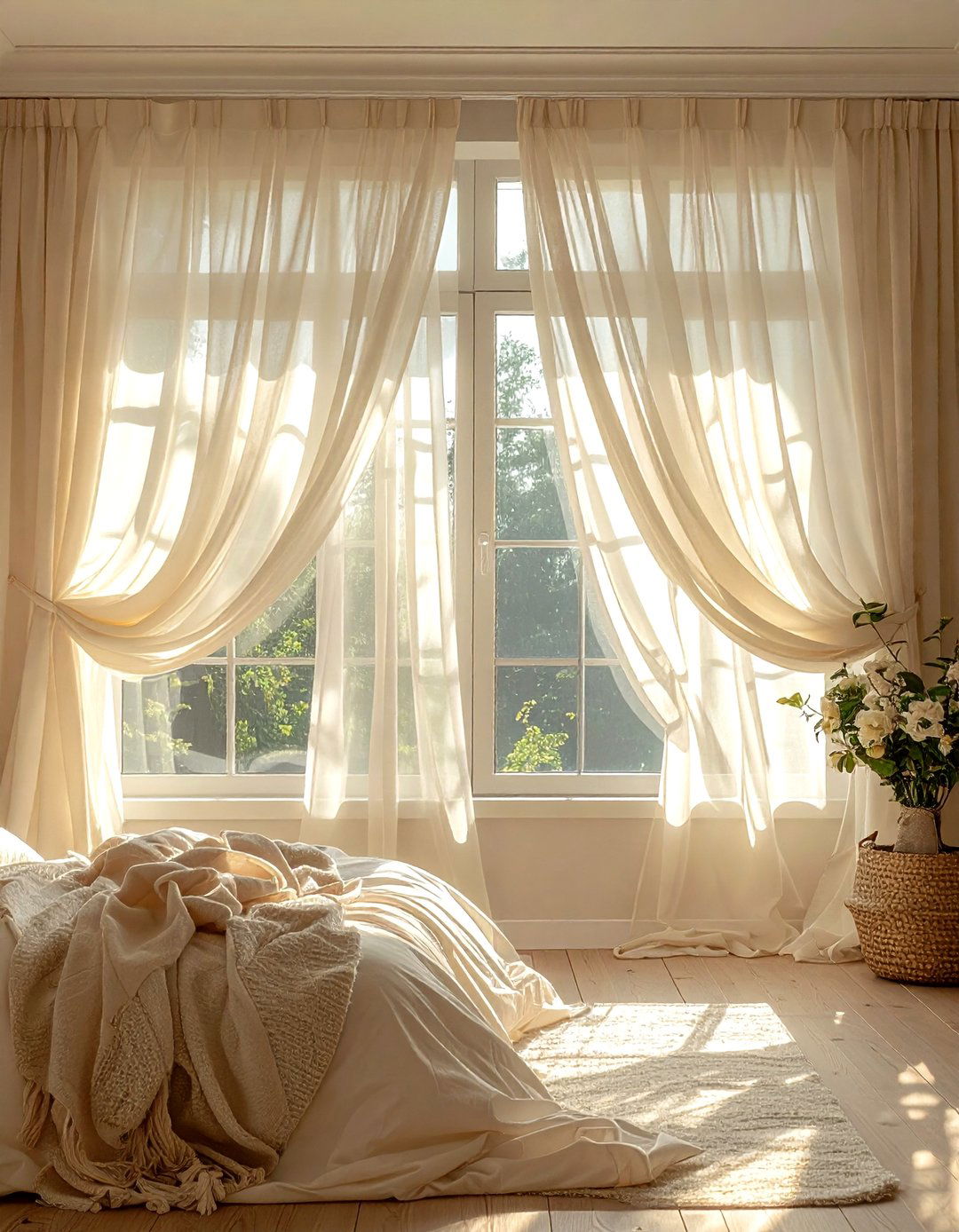 Cream sheer curtains - 30 cream bedroom accessories ideas