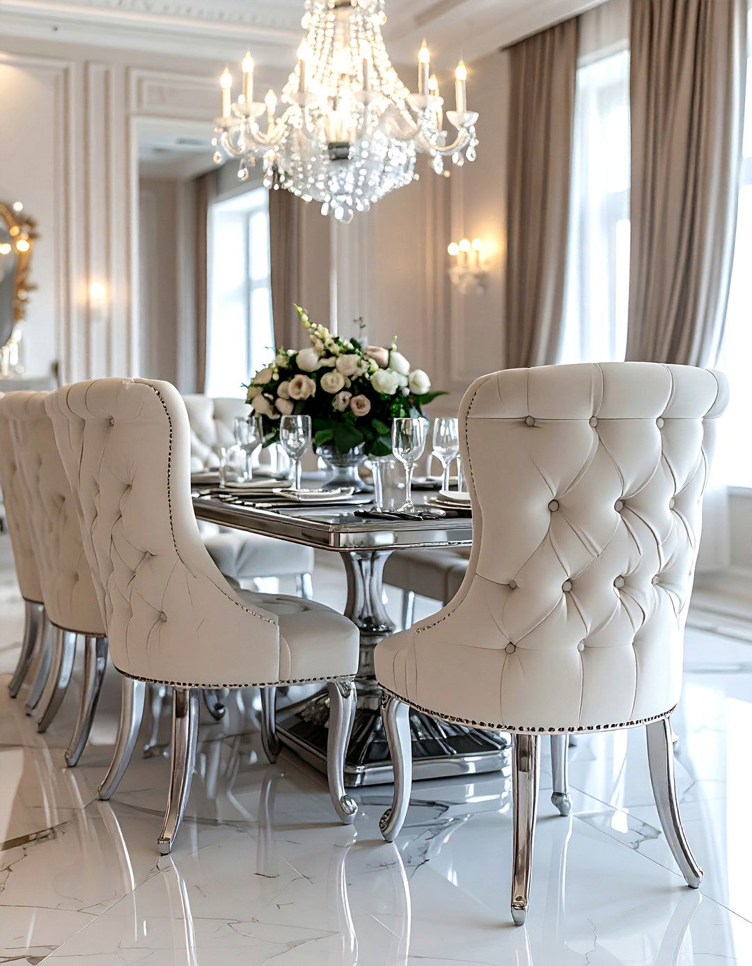 Cream velvet tufted chairs - 30 cream dining room furniture ideas