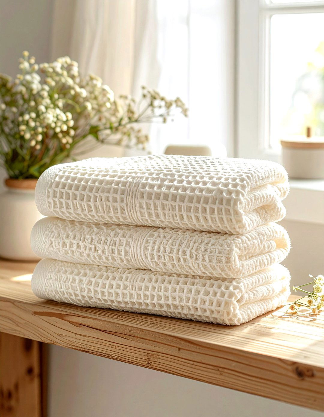 Cream waffle knit towels - 30 cream bathroom accessories ideas