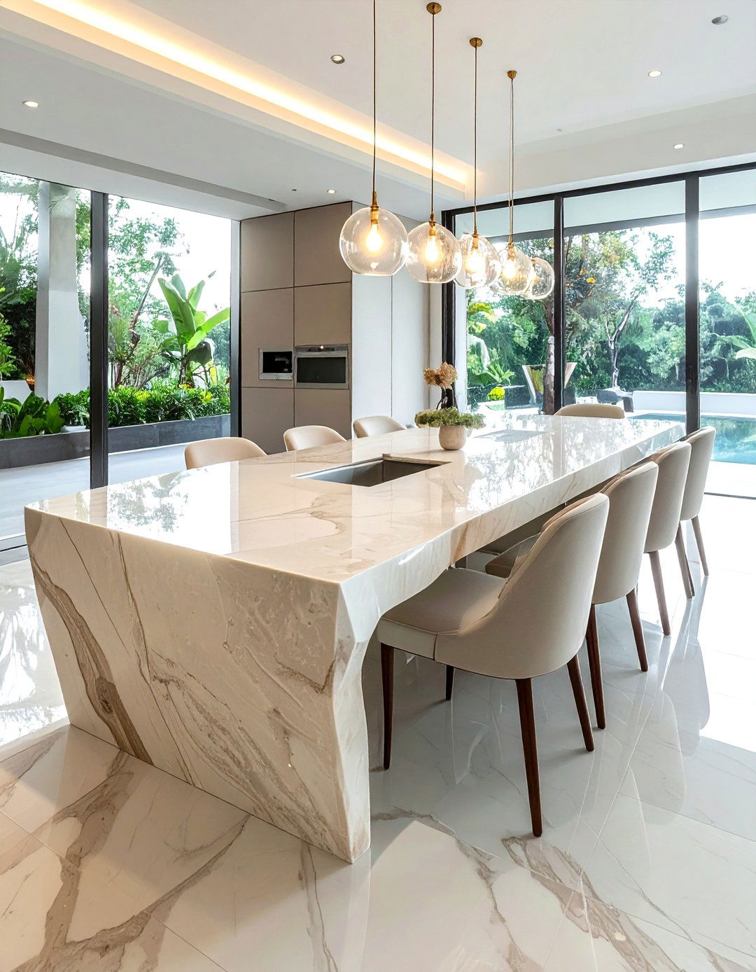 Cream waterfall dining table - 30 cream dining room furniture ideas