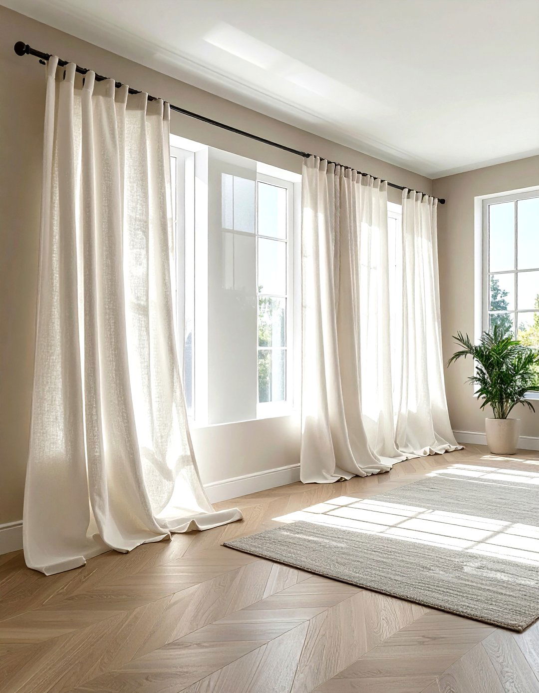 Creamy White Linen Curtains - 30 taupe and white living room ideas
