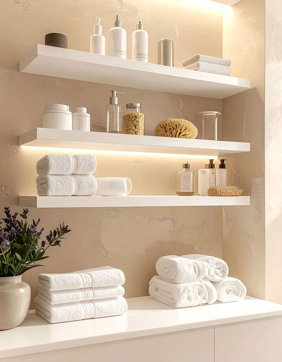 Creamy white bathroom shelves - 30 beige bathroom furniture ideas
