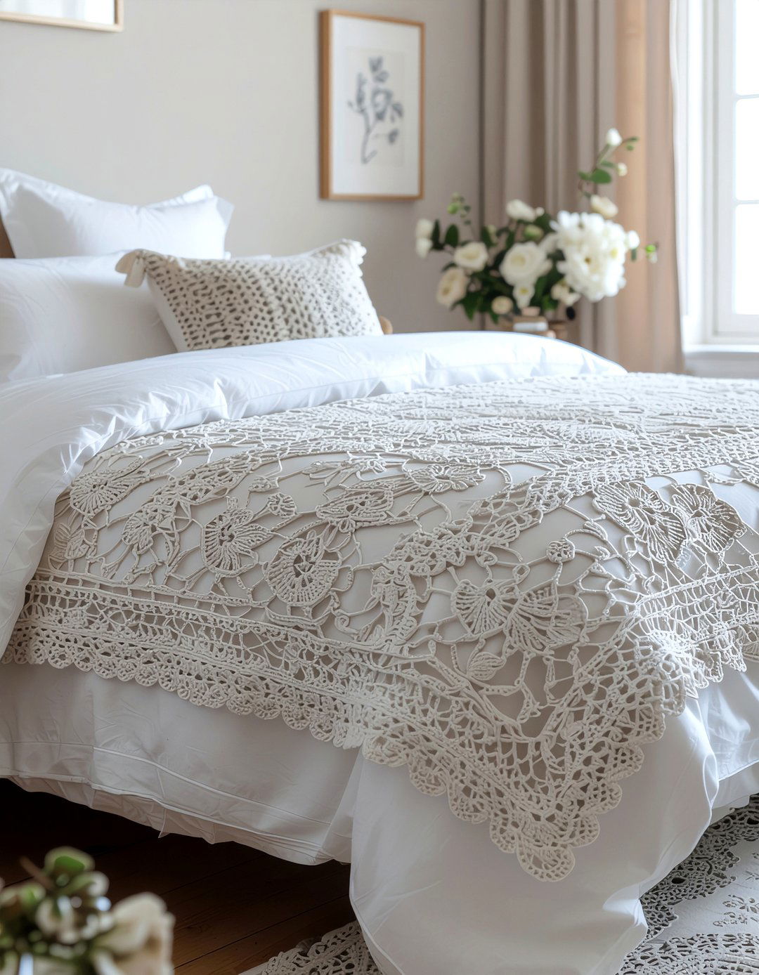 Crochet lace bedspread - 30 bedroom texture layering ideas