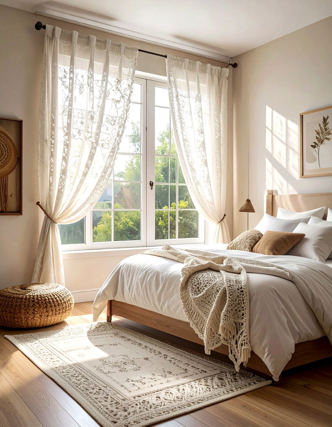 Crochet lace curtains - 30 bohemian cream bedroom ideas