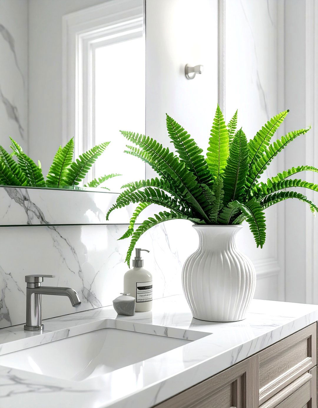 Crocodile Fern Marble Counter - 30 bathroom fern ideas