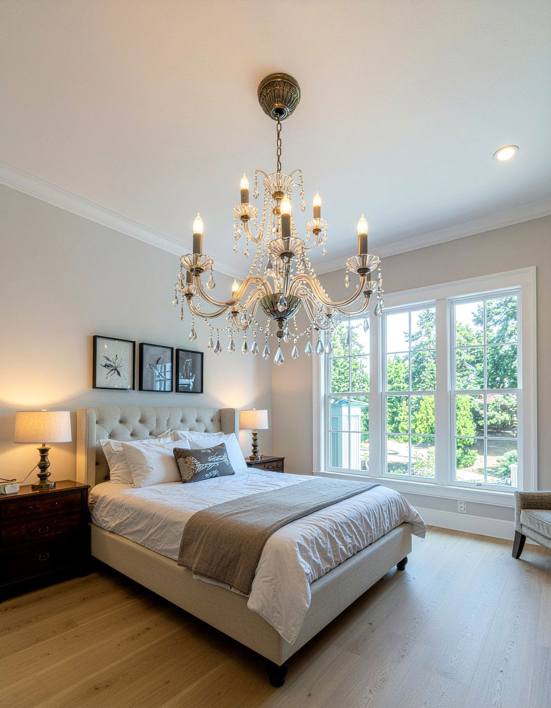 Crystal chandelier - 30 glam bedroom ideas