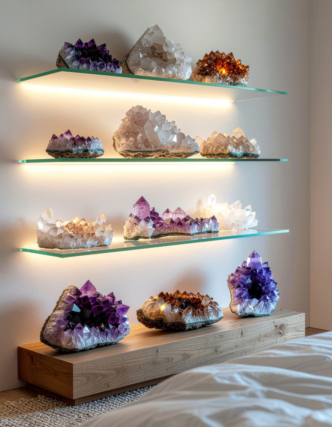 Crystal collection display - 30 bedroom hobby display ideas