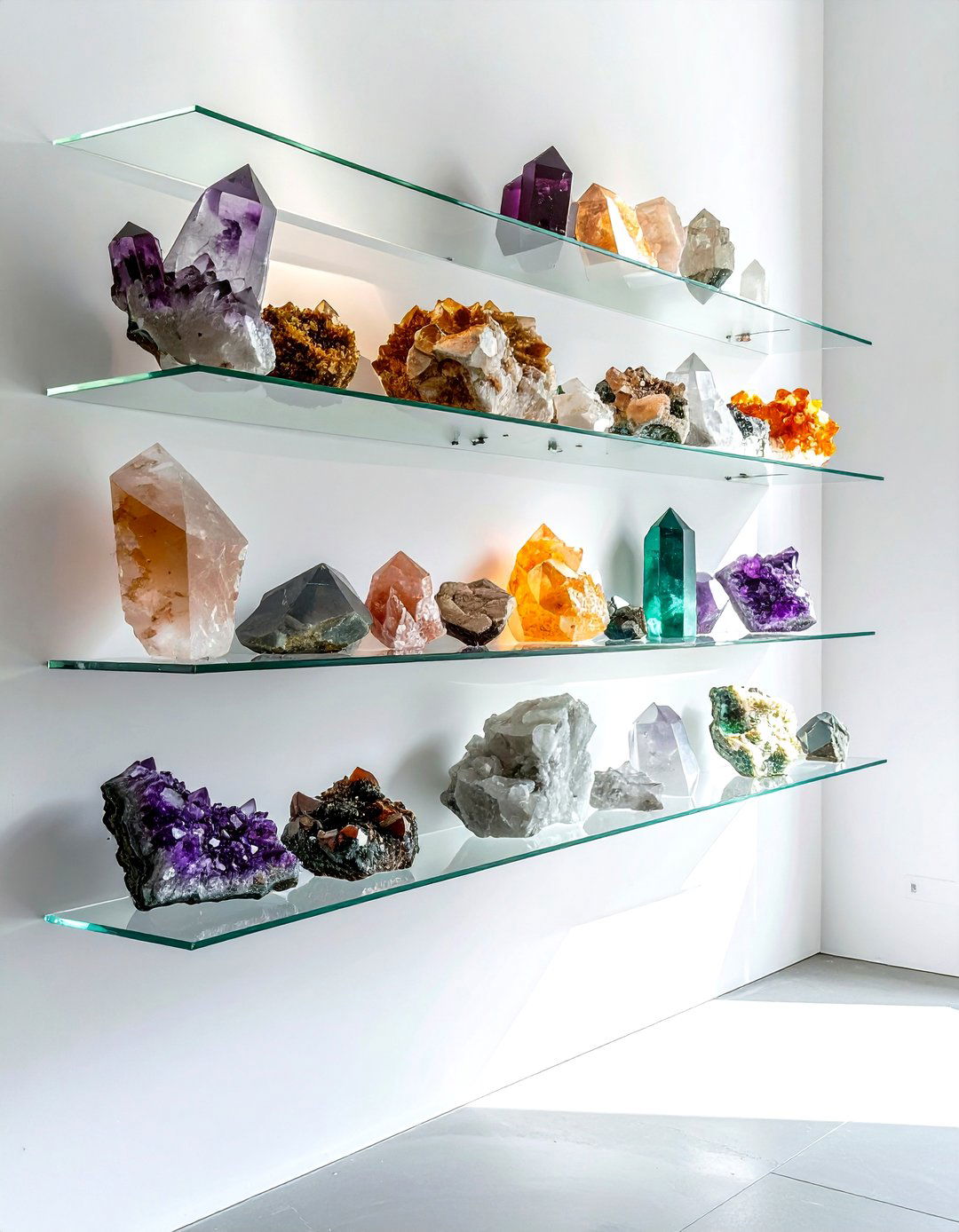Crystal floating shelf display - 30 crystal decor ideas