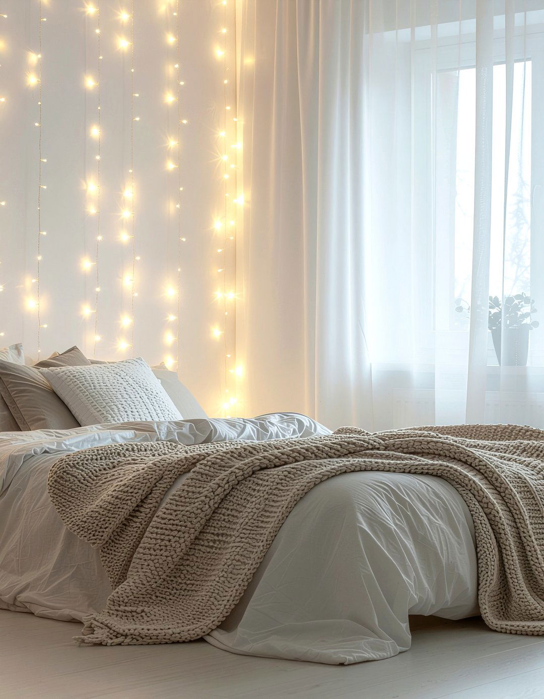 Curtain fairy lights behind bed - 30 bedroom fairy lights ideas
