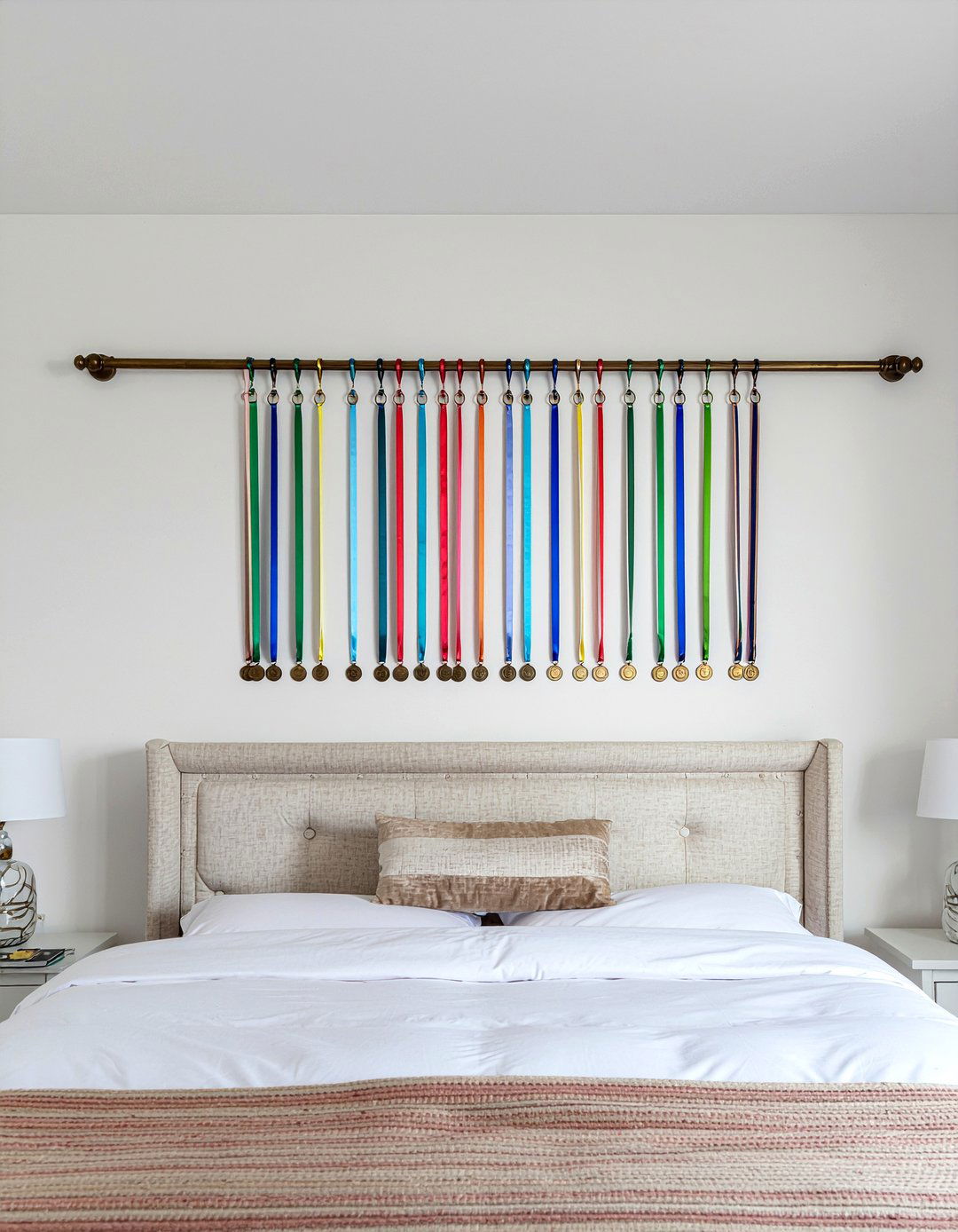 Curtain rod medal rack - 30 bedroom medal display ideas