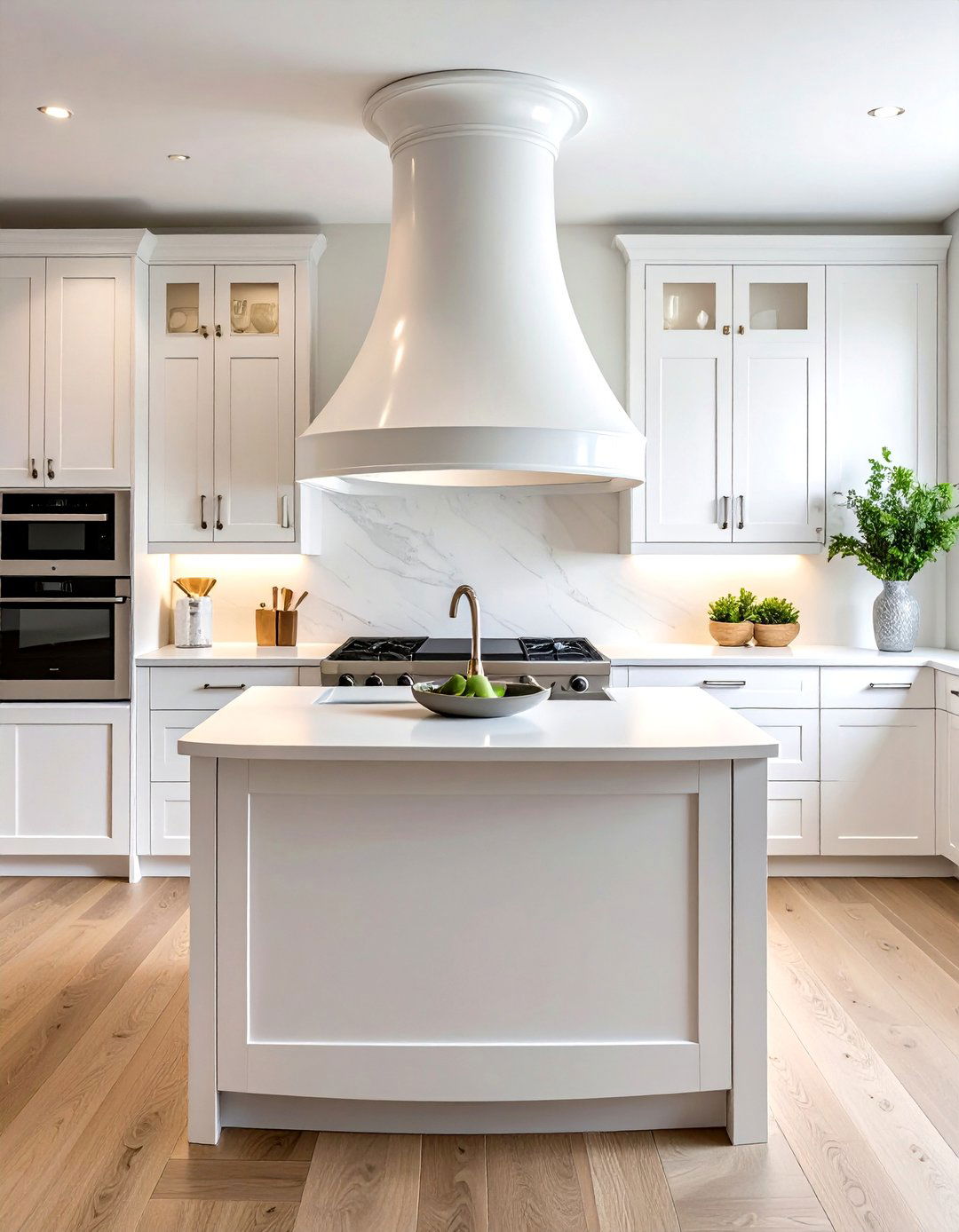 Curved white range hood - 30 white hood kitchen ideas