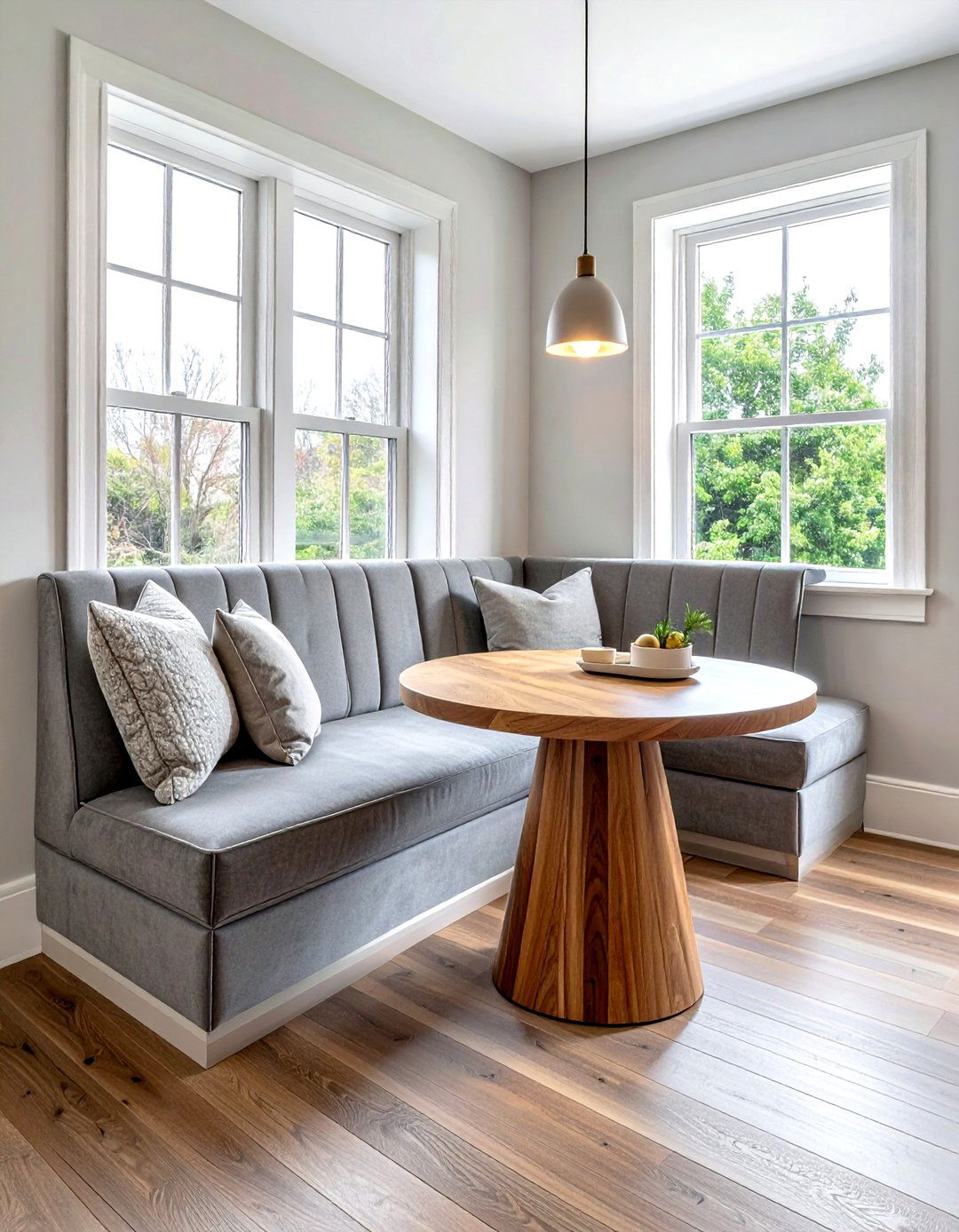 Custom banquette with retail table - 30 kitchen high-low mixing ideas