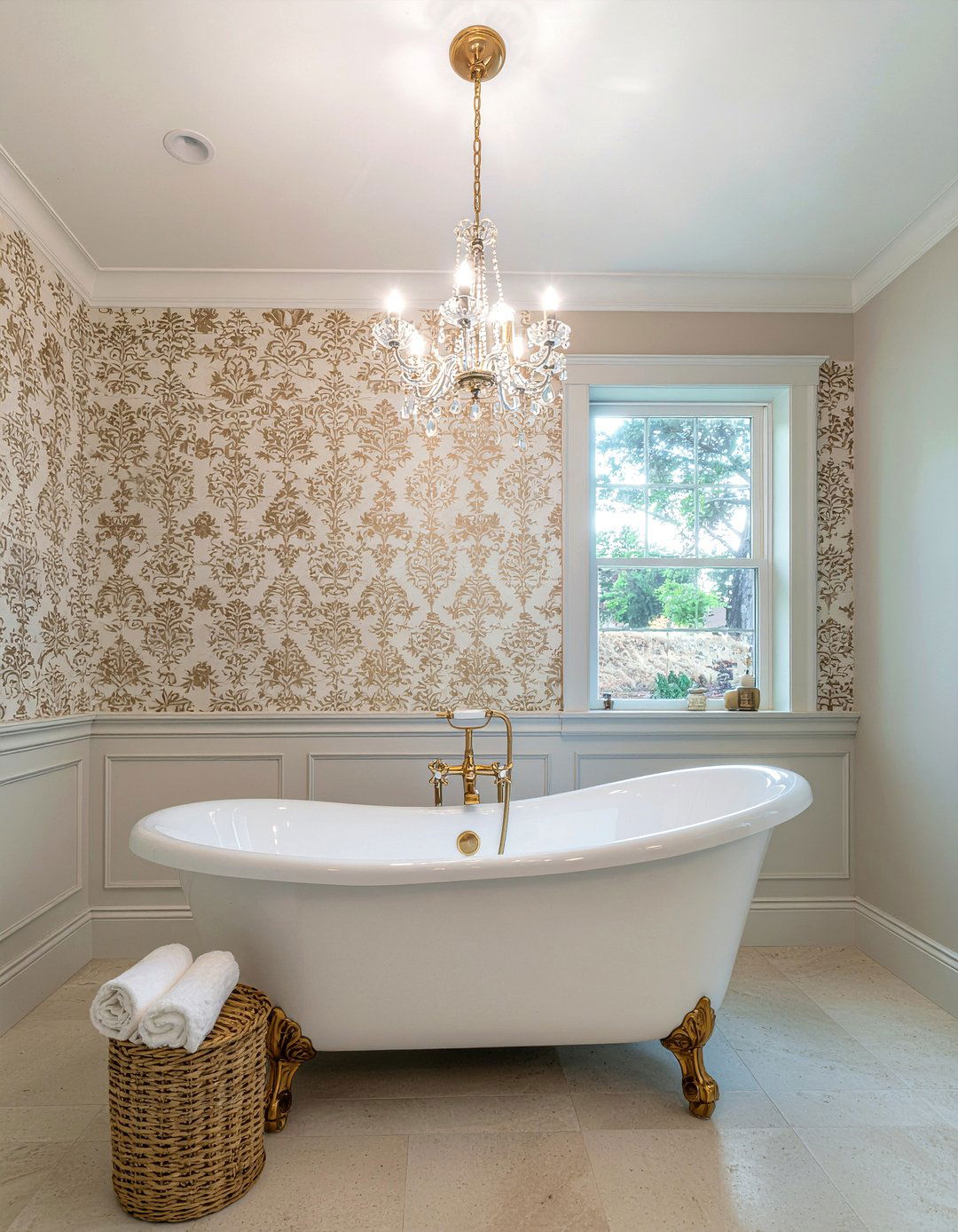 Damask wallpaper and stone tile - 30 bathroom pattern mixing ideas