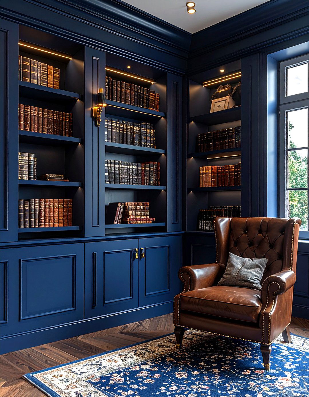 Dark Blue Built In Bookshelves - 30 traditional blue living room ideas