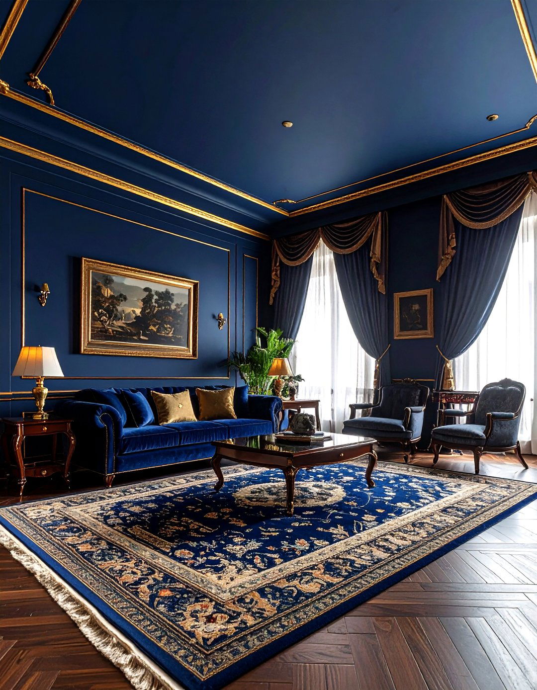 Dark Blue Ceiling Gold Trim - 30 living room blue ceiling ideas
